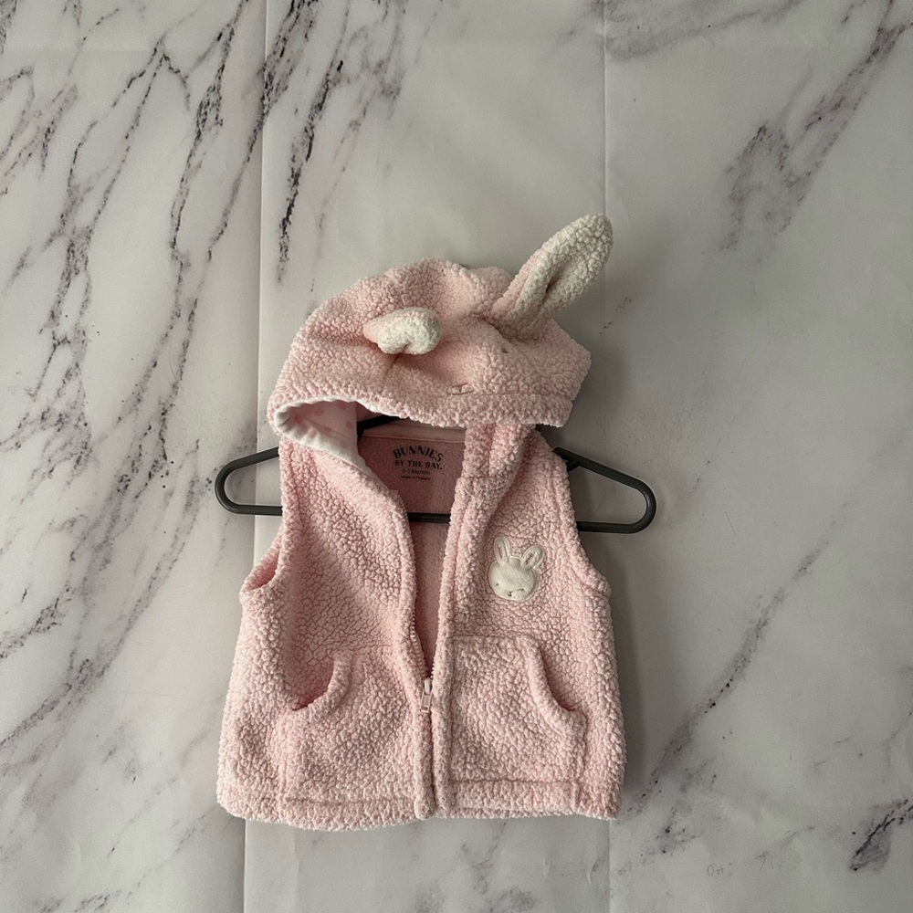 BUNNIES BY THE BAY- PINK FUZZY BUNNY EARS HOODIE VEST BABY GIRL 0-3 MONTHS